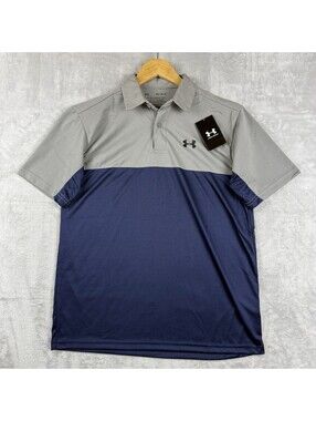 Under Armour Men M Performance Polo Shirt Gray Navy Colorblock Golf Loose NWT